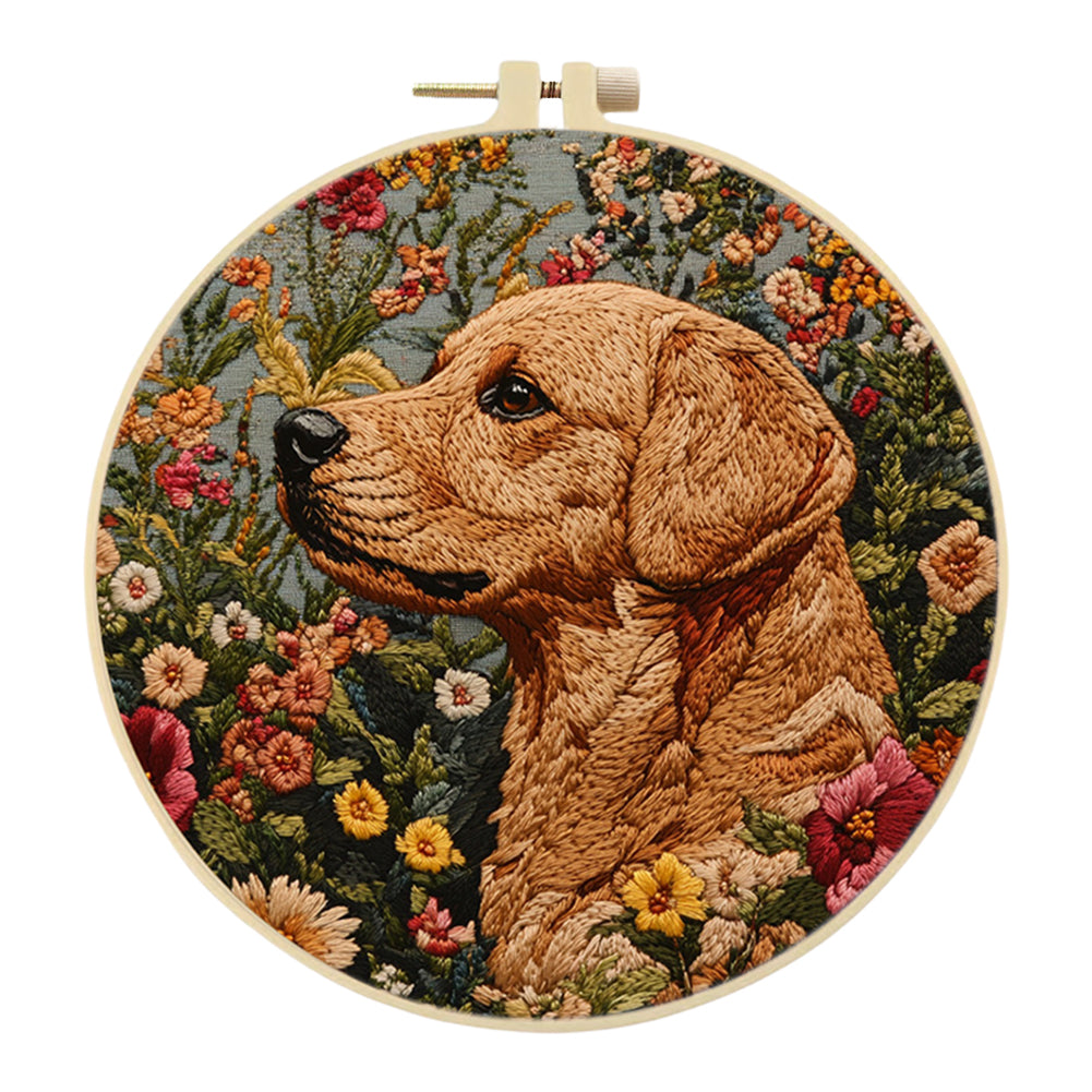 Dog Head & Flowers - DIY Embroidery Cross Stitch Kit with Pattern Cotton Threads Needles Hoop 30x30CM/11.81x11.81in