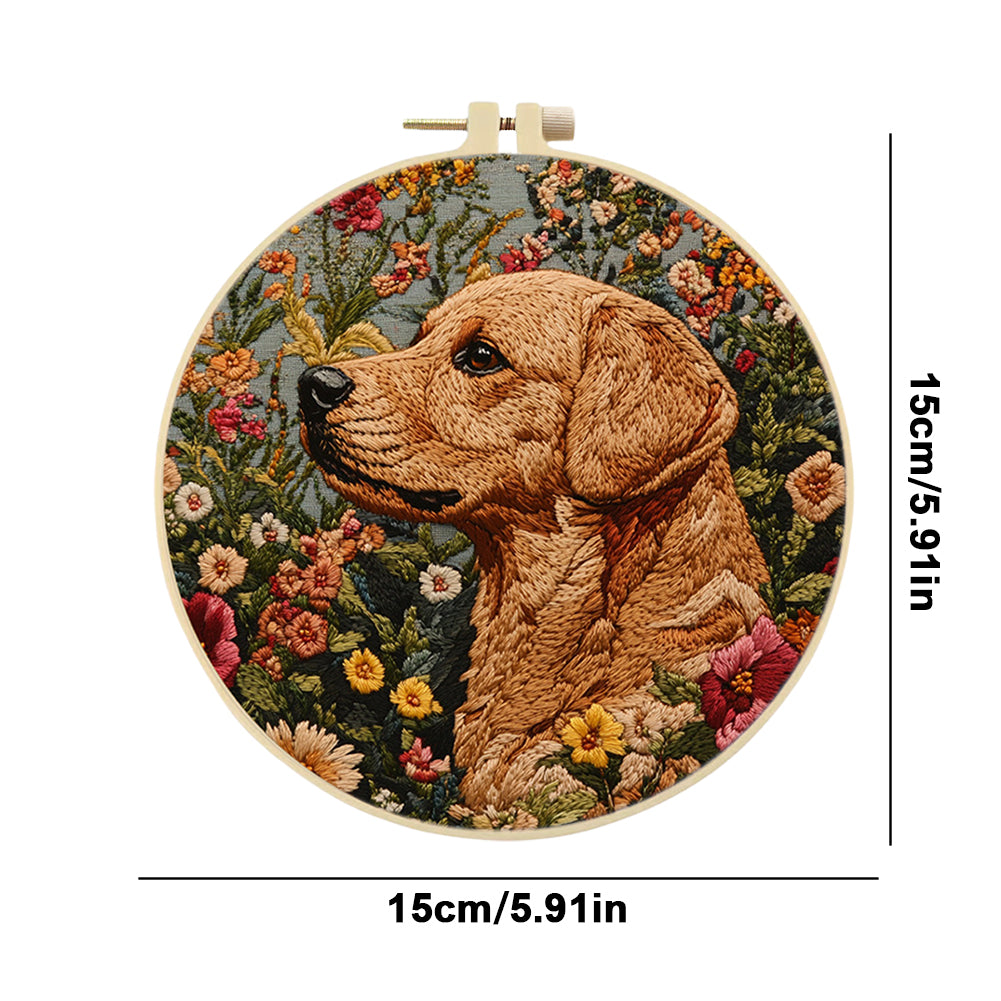 Dog Head & Flowers - DIY Embroidery Cross Stitch Kit with Pattern Cotton Threads Needles Hoop 30x30CM/11.81x11.81in