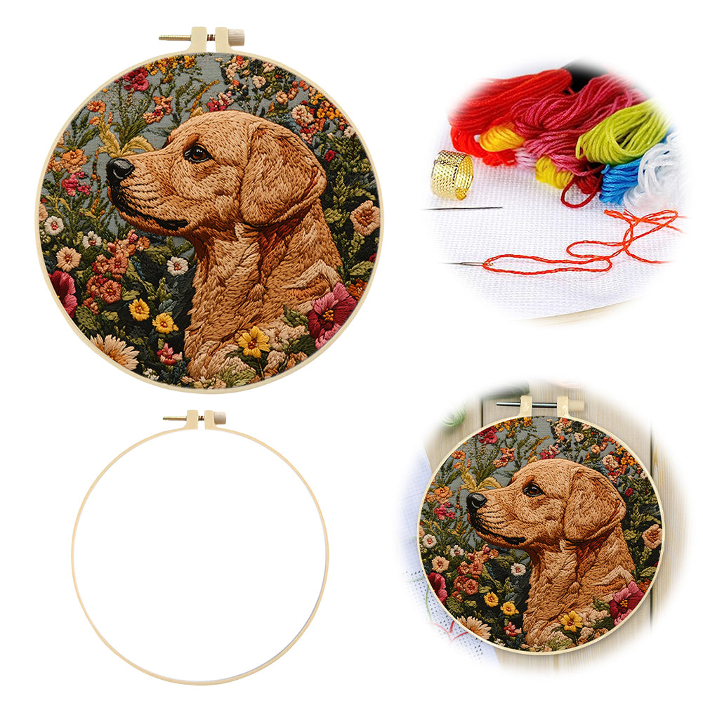 Dog Head & Flowers - DIY Embroidery Cross Stitch Kit with Pattern Cotton Threads Needles Hoop 30x30CM/11.81x11.81in