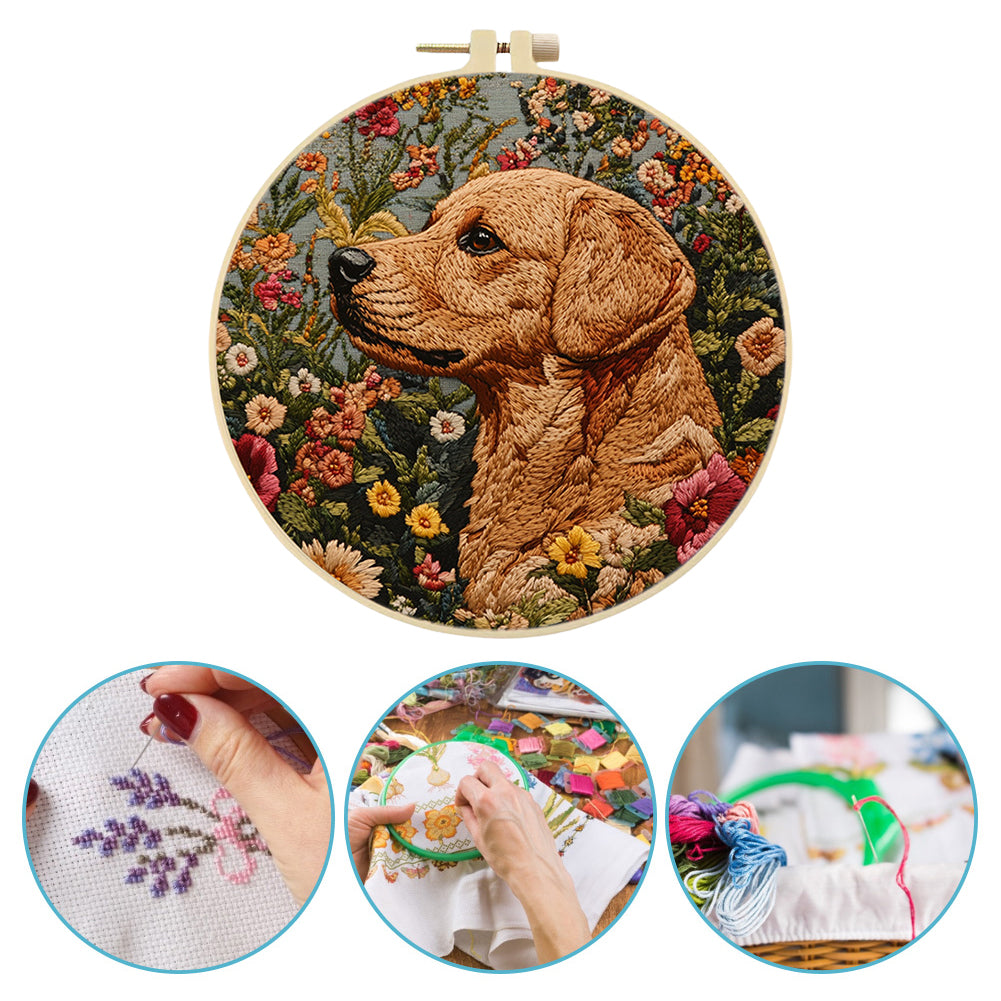 Dog Head & Flowers - DIY Embroidery Cross Stitch Kit with Pattern Cotton Threads Needles Hoop 30x30CM/11.81x11.81in