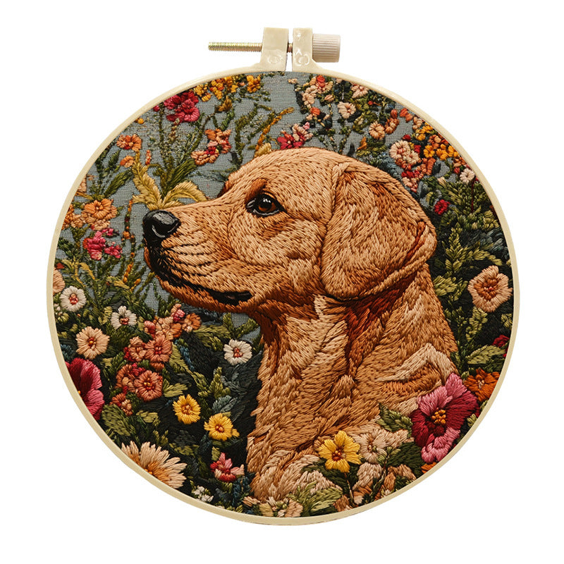 Dog Head & Flowers - DIY Embroidery Cross Stitch Kit with Pattern Cotton Threads Needles Hoop 30x30CM/11.81x11.81in