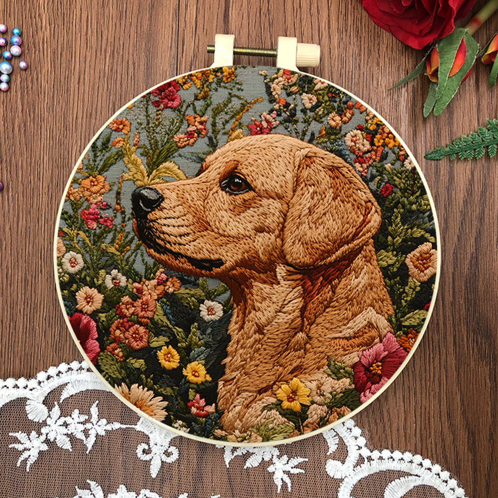 Dog Head & Flowers - DIY Embroidery Cross Stitch Kit with Pattern Cotton Threads Needles Hoop 30x30CM/11.81x11.81in