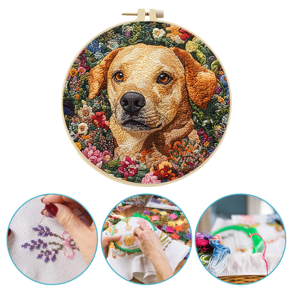 Exquisite Dog Head - DIY Embroidery Cross Stitch Kit with Pattern Cotton Threads Needles Hoop 30x30CM/11.81x11.81in