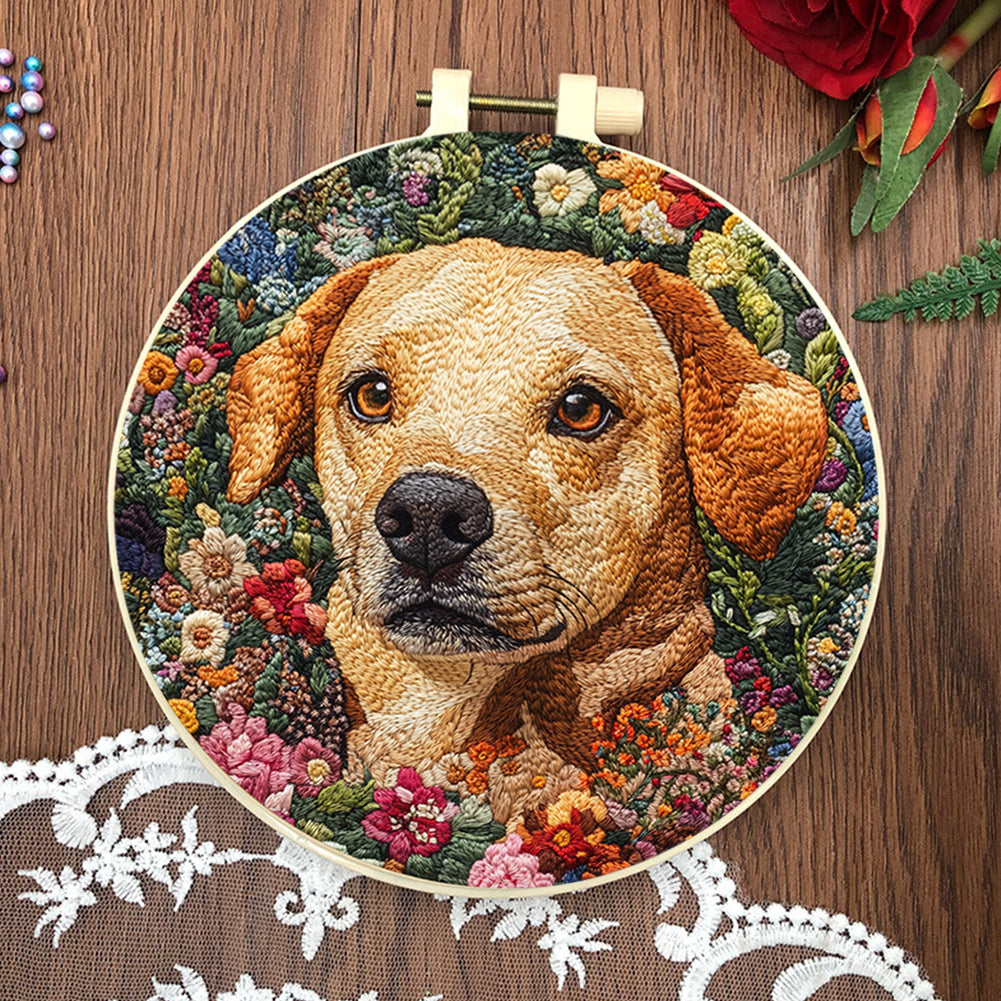 Exquisite Dog Head - DIY Embroidery Cross Stitch Kit with Pattern Cotton Threads Needles Hoop 30x30CM/11.81x11.81in