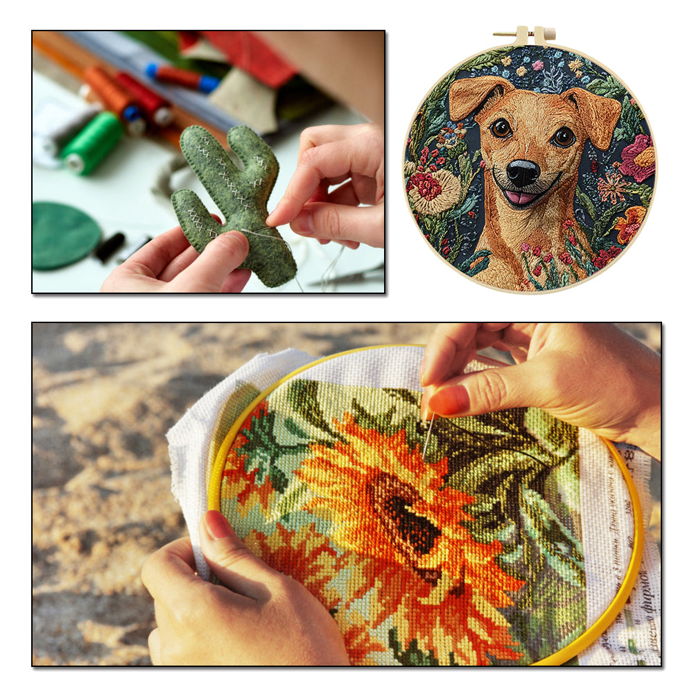 Handsome Dog Head - DIY Embroidery Cross Stitch Kit with Pattern Cotton Threads Needles Hoop 30x30CM/11.81x11.81in