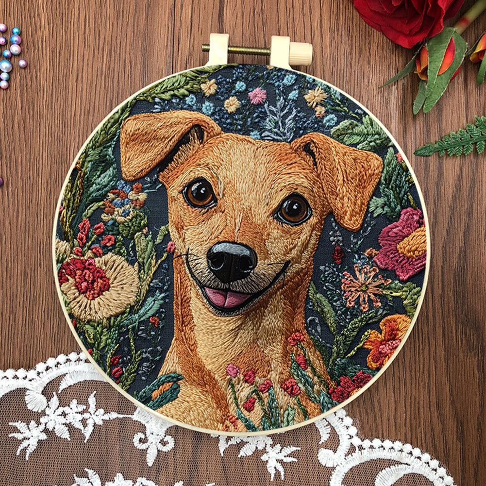Handsome Dog Head - DIY Embroidery Cross Stitch Kit with Pattern Cotton Threads Needles Hoop 30x30CM/11.81x11.81in