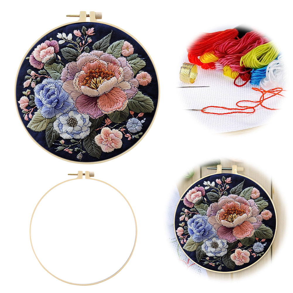Blooming Heart - DIY Embroidery Cross Stitch Kit with Pattern Cotton Threads Needles Hoop 30x30CM/11.81x11.81in