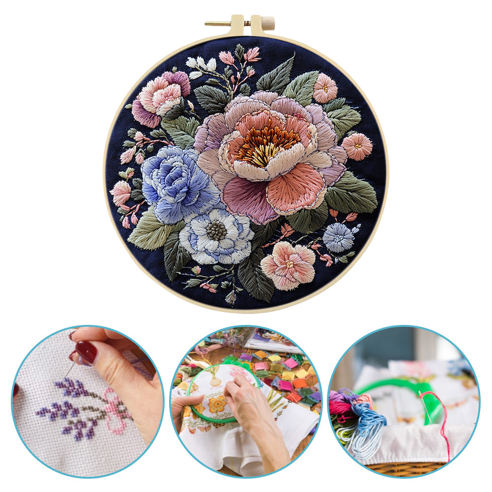Blooming Heart - DIY Embroidery Cross Stitch Kit with Pattern Cotton Threads Needles Hoop 30x30CM/11.81x11.81in