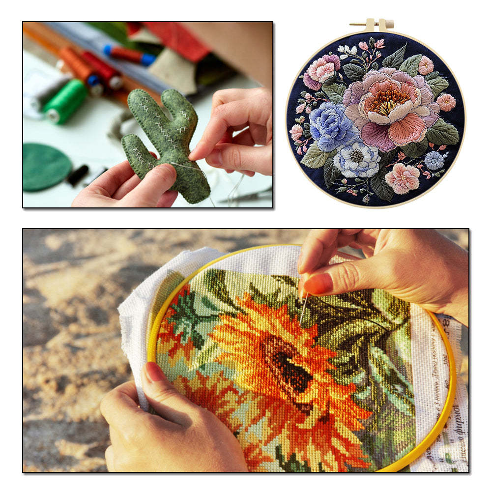 Blooming Heart - DIY Embroidery Cross Stitch Kit with Pattern Cotton Threads Needles Hoop 30x30CM/11.81x11.81in