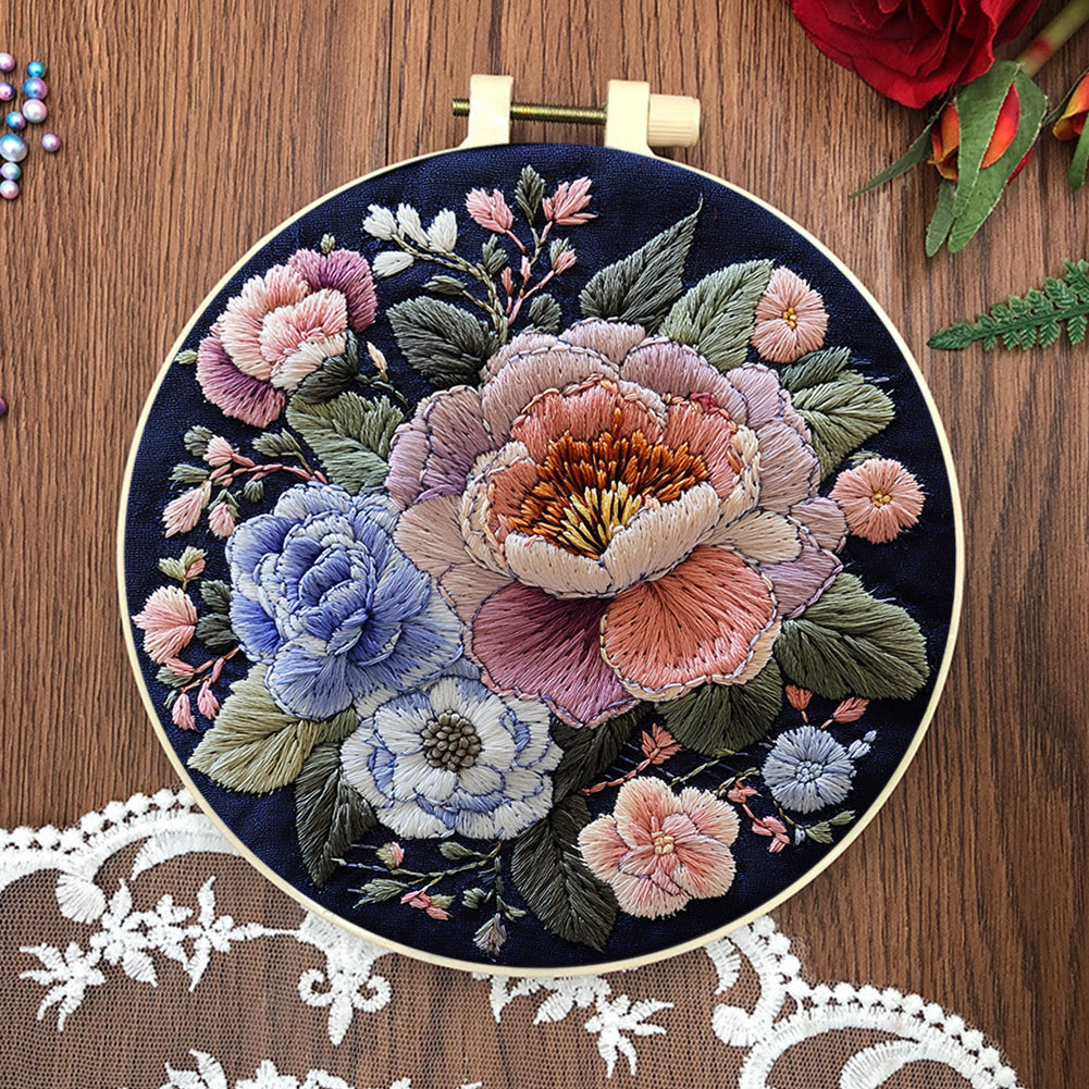 Blooming Heart - DIY Embroidery Cross Stitch Kit with Pattern Cotton Threads Needles Hoop 30x30CM/11.81x11.81in