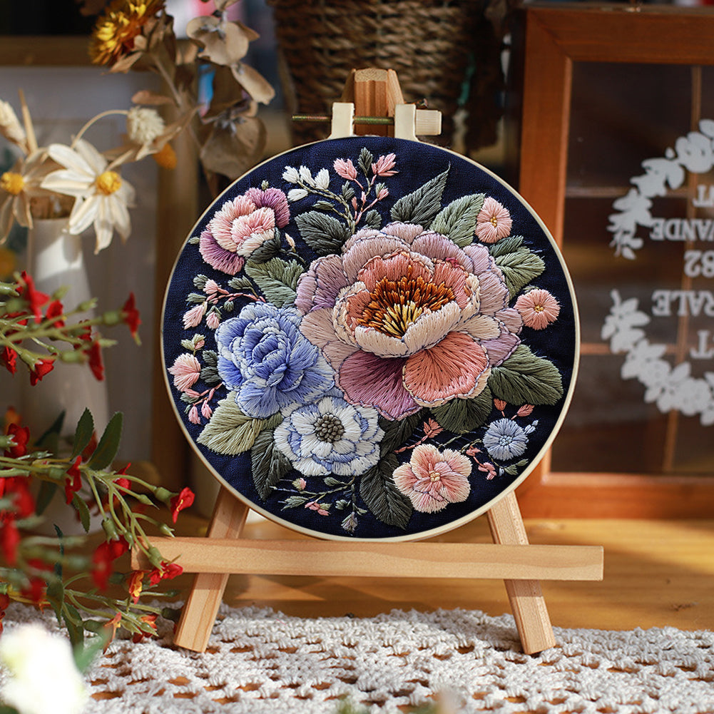Blooming Heart - DIY Embroidery Cross Stitch Kit with Pattern Cotton Threads Needles Hoop 30x30CM/11.81x11.81in