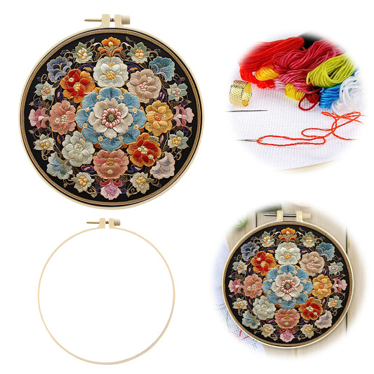 Flowers In Snow - DIY Embroidery Cross Stitch Kit with Pattern Cotton Threads Needles Hoop 30x30CM/11.81x11.81in