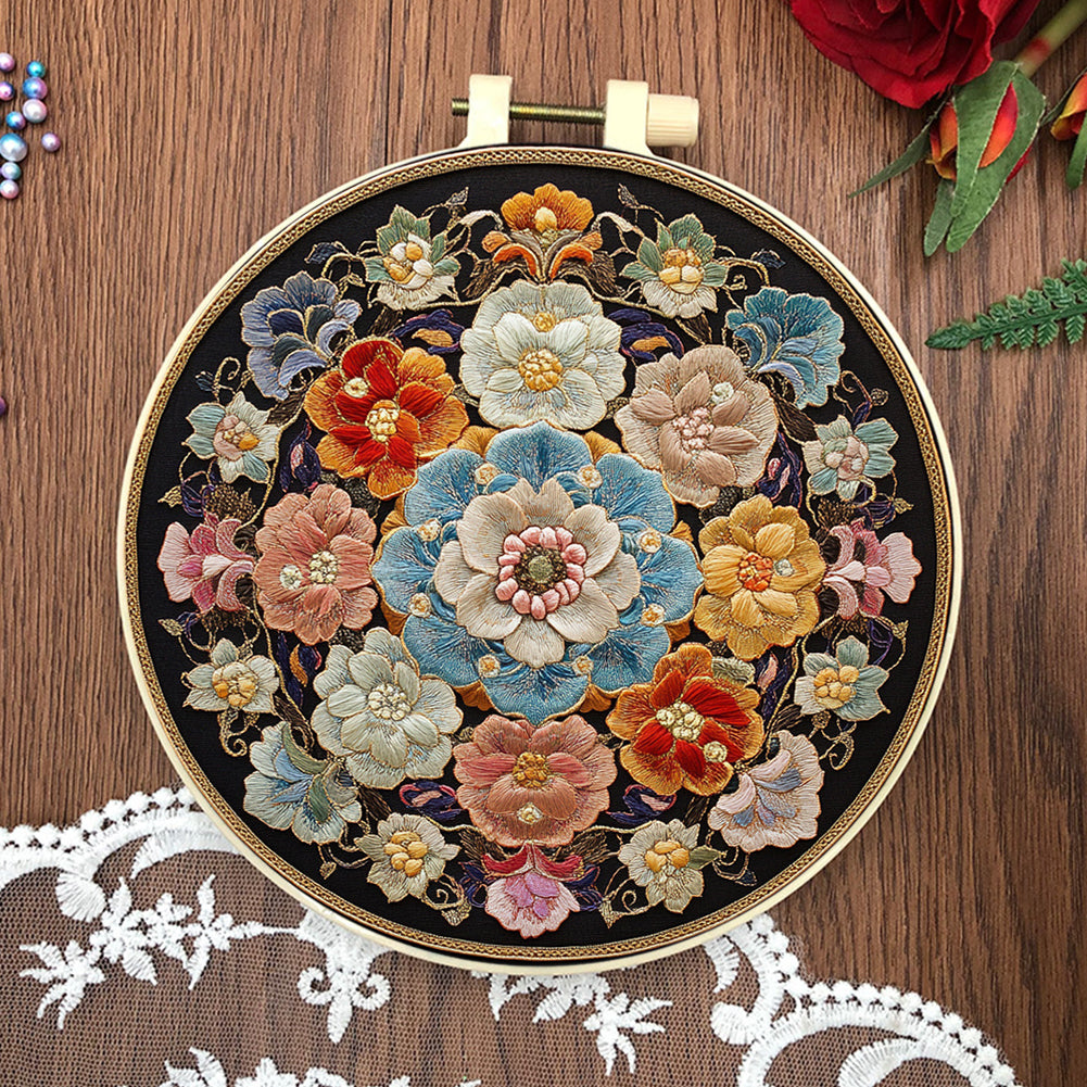 Flowers In Snow - DIY Embroidery Cross Stitch Kit with Pattern Cotton Threads Needles Hoop 30x30CM/11.81x11.81in