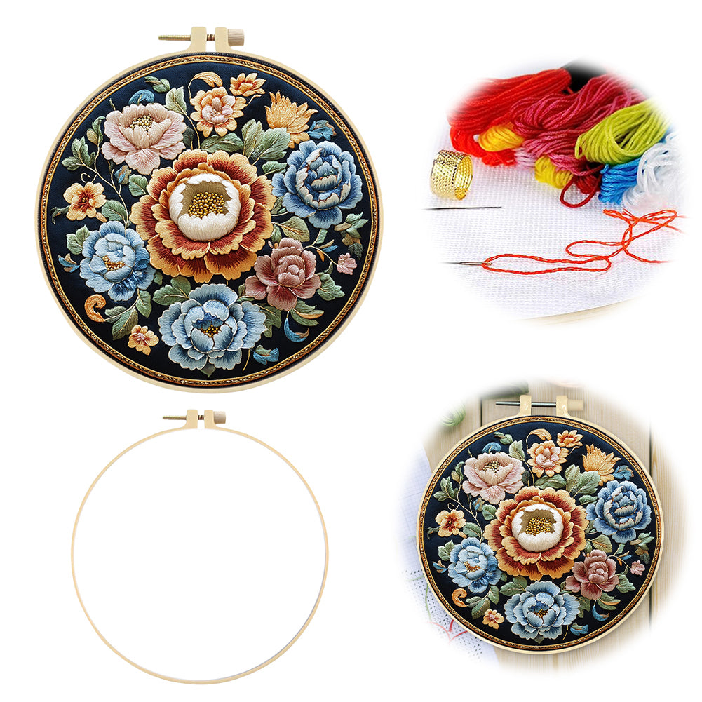 Flower Dream Circle - DIY Embroidery Cross Stitch Kit with Pattern Cotton Threads Needles Hoop 30x30CM/11.81x11.81in