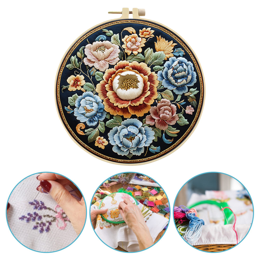 Flower Dream Circle - DIY Embroidery Cross Stitch Kit with Pattern Cotton Threads Needles Hoop 30x30CM/11.81x11.81in