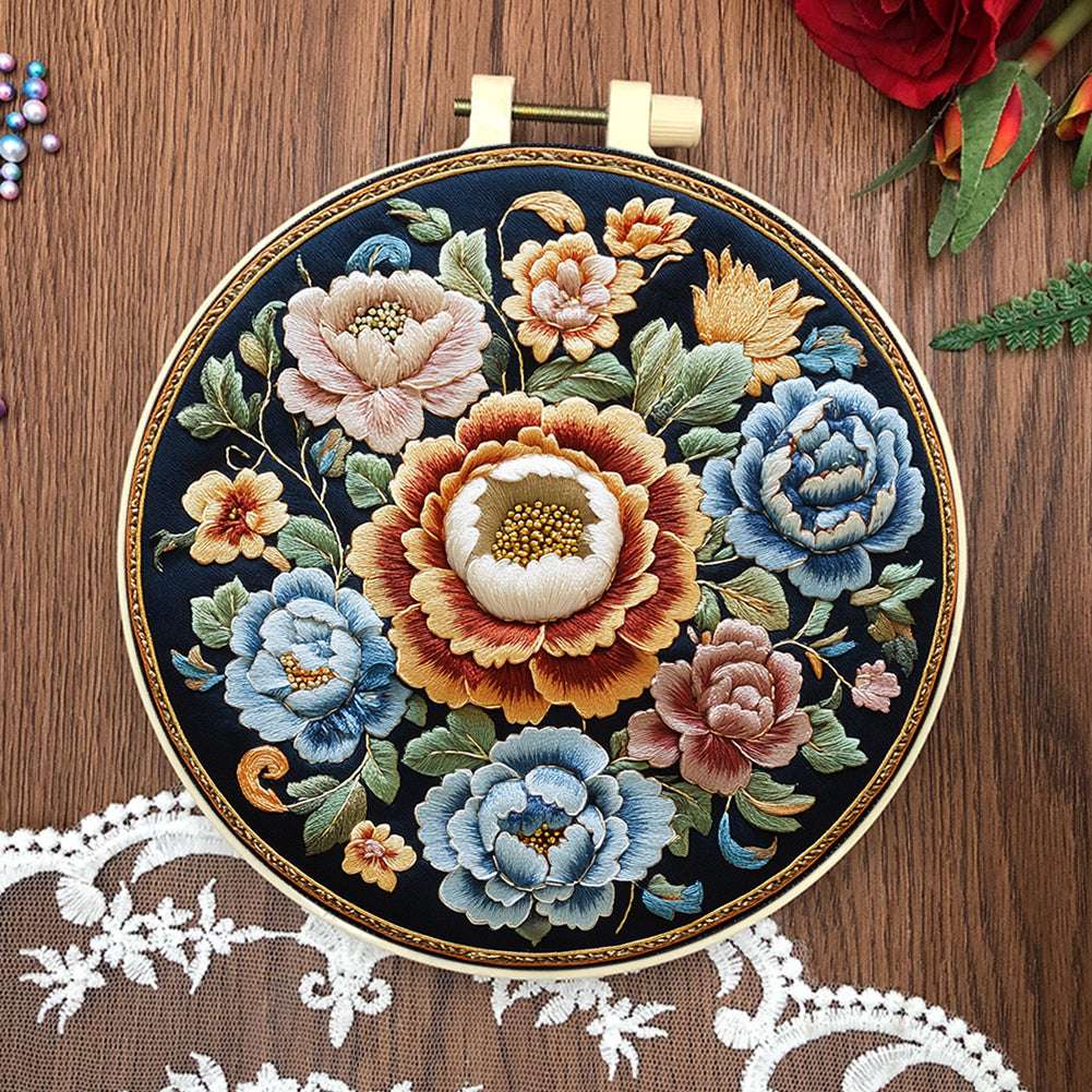 Flower Dream Circle - DIY Embroidery Cross Stitch Kit with Pattern Cotton Threads Needles Hoop 30x30CM/11.81x11.81in
