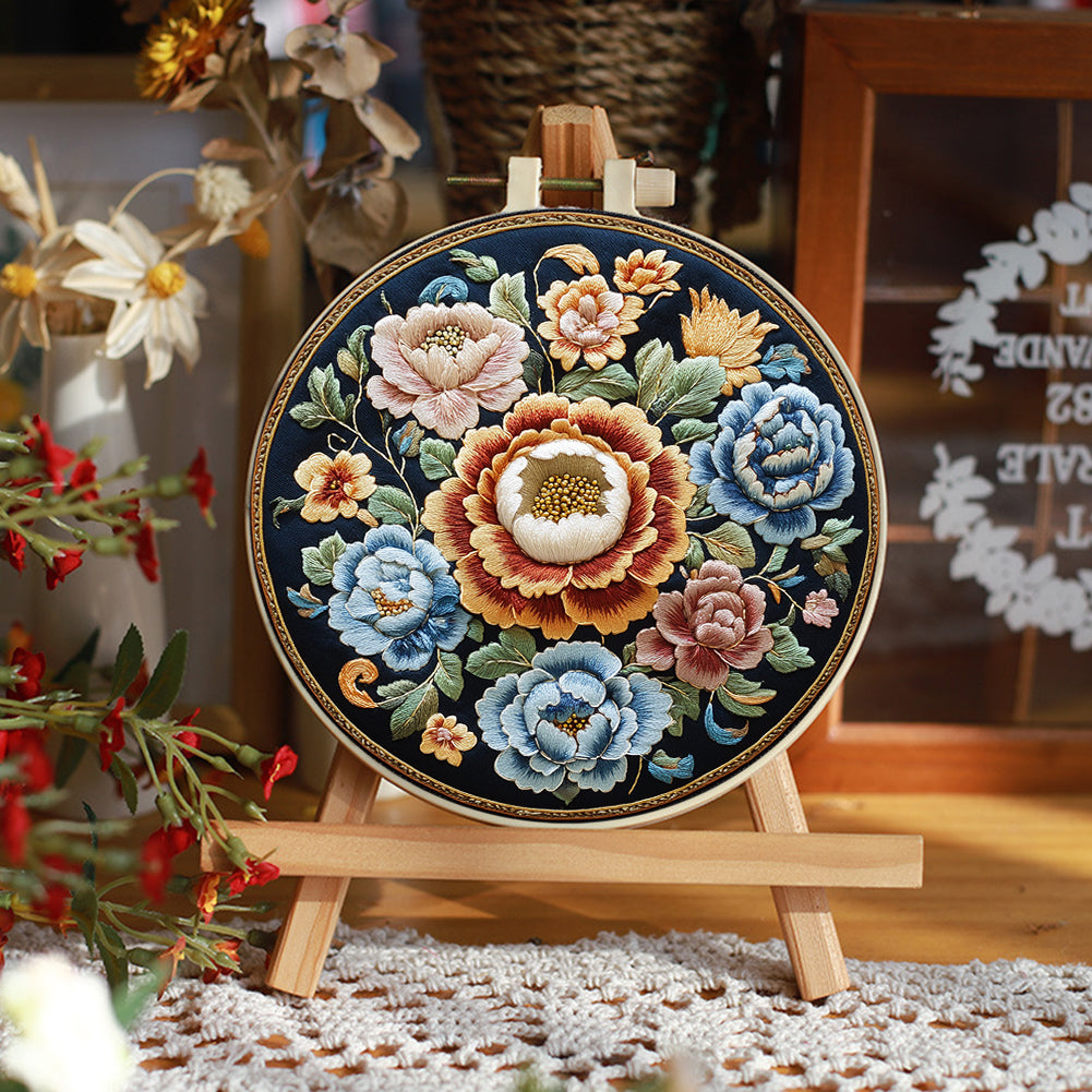 Flower Dream Circle - DIY Embroidery Cross Stitch Kit with Pattern Cotton Threads Needles Hoop 30x30CM/11.81x11.81in