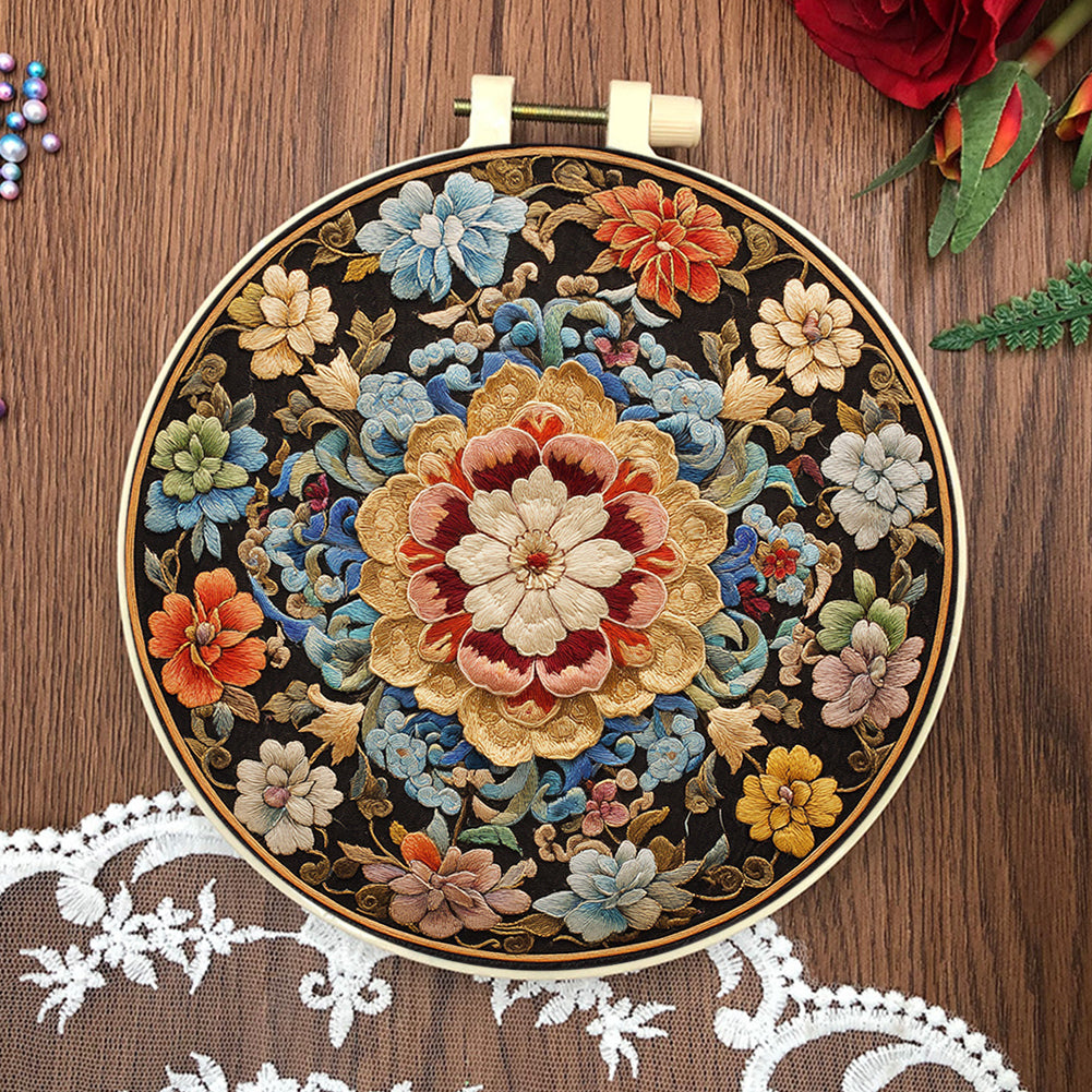 Blooming Flowers - DIY Embroidery Cross Stitch Kit with Pattern Cotton Threads Needles Hoop 30x30CM/11.81x11.81in