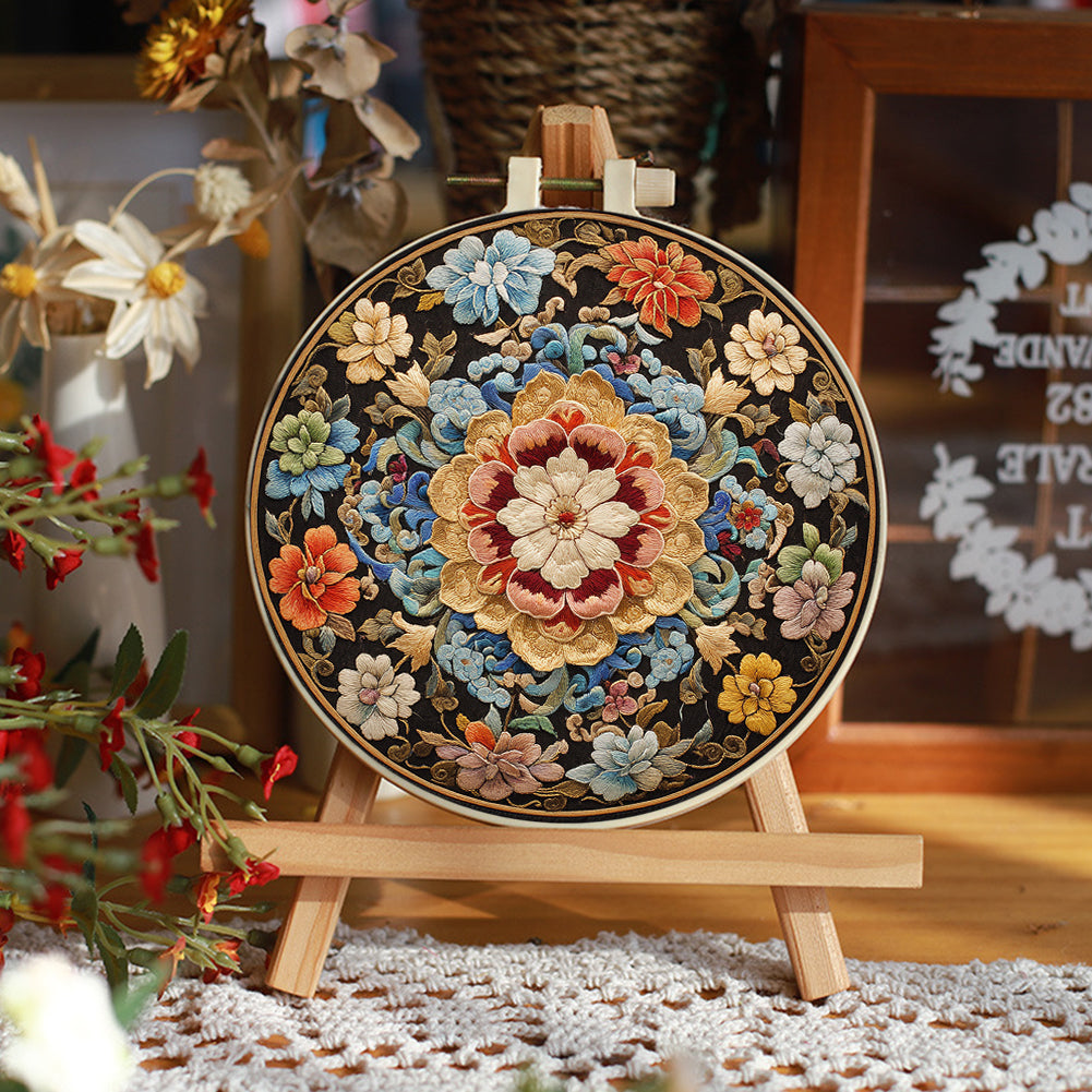 Blooming Flowers - DIY Embroidery Cross Stitch Kit with Pattern Cotton Threads Needles Hoop 30x30CM/11.81x11.81in