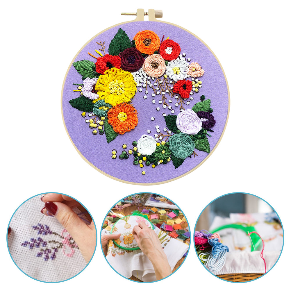 Graceful Blooms - DIY Embroidery Cross Stitch Kit with Pattern Cotton Threads Needles Hoop 30x30CM/11.81x11.81in