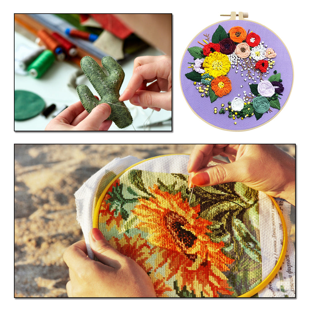 Graceful Blooms - DIY Embroidery Cross Stitch Kit with Pattern Cotton Threads Needles Hoop 30x30CM/11.81x11.81in