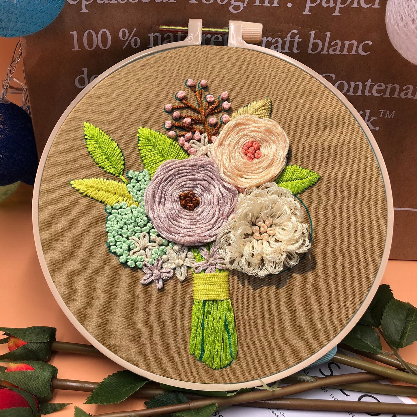 Wise Heart Bouquet - DIY Embroidery Cross Stitch Kit with Pattern Cotton Threads Needles Hoop 30x30CM/11.81x11.81in