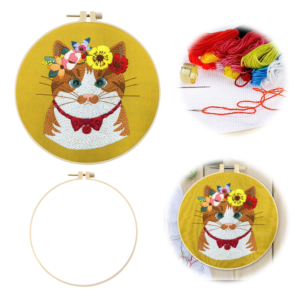 Chubby Cat - DIY Embroidery Cross Stitch Kit with Pattern Cotton Threads Needles Hoop 30x30CM/11.81x11.81in