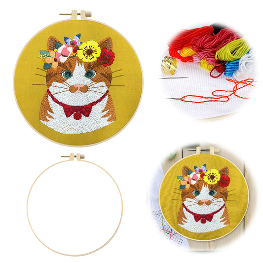Chubby Cat - DIY Embroidery Cross Stitch Kit with Pattern Cotton Threads Needles Hoop 30x30CM/11.81x11.81in