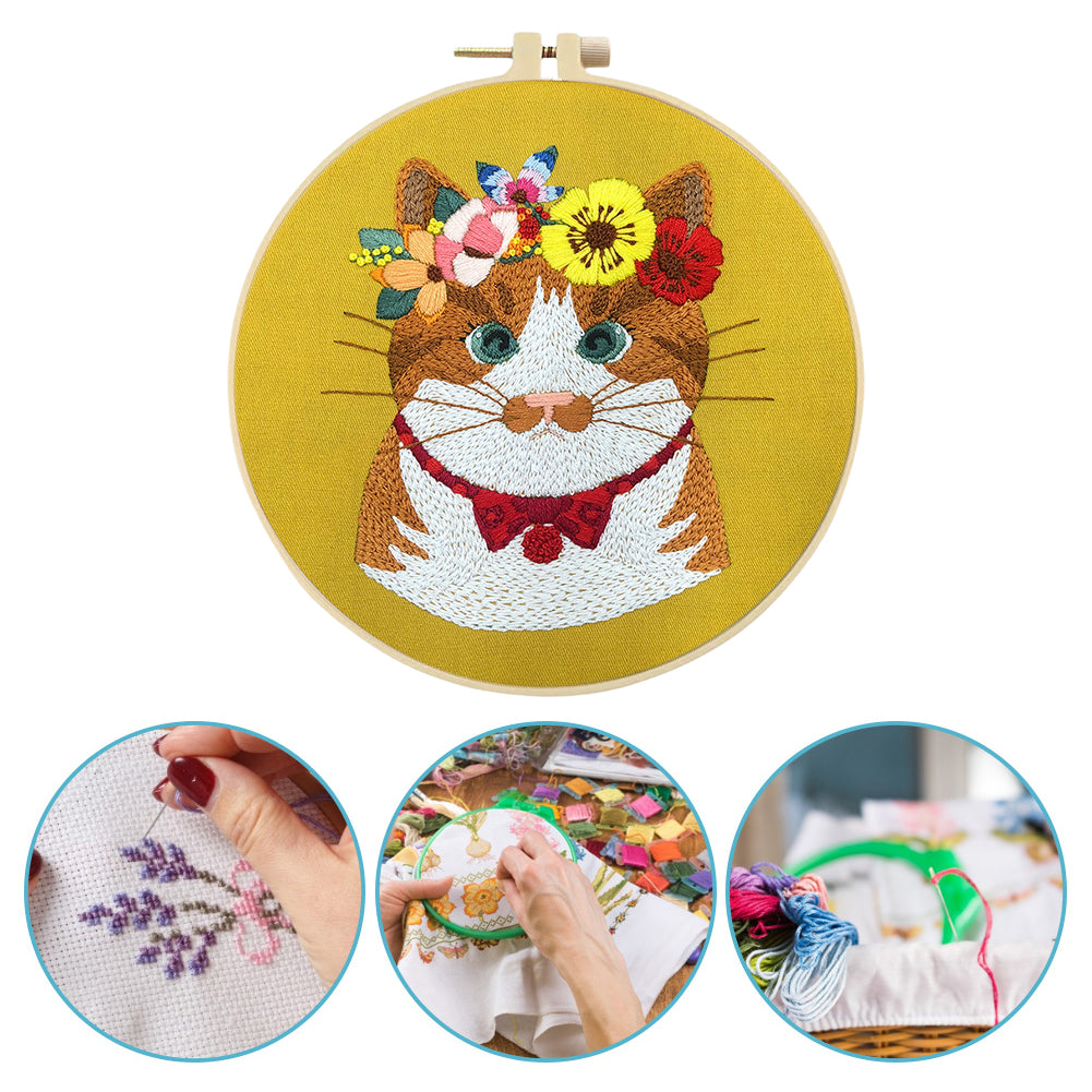 Chubby Cat - DIY Embroidery Cross Stitch Kit with Pattern Cotton Threads Needles Hoop 30x30CM/11.81x11.81in