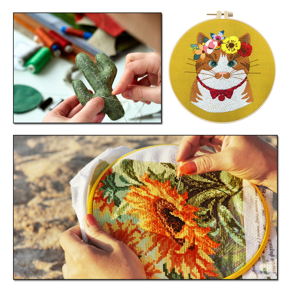 Chubby Cat - DIY Embroidery Cross Stitch Kit with Pattern Cotton Threads Needles Hoop 30x30CM/11.81x11.81in