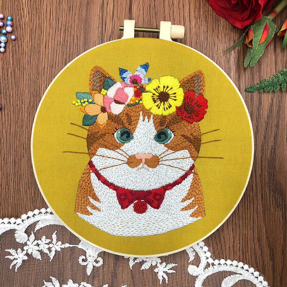 Chubby Cat - DIY Embroidery Cross Stitch Kit with Pattern Cotton Threads Needles Hoop 30x30CM/11.81x11.81in
