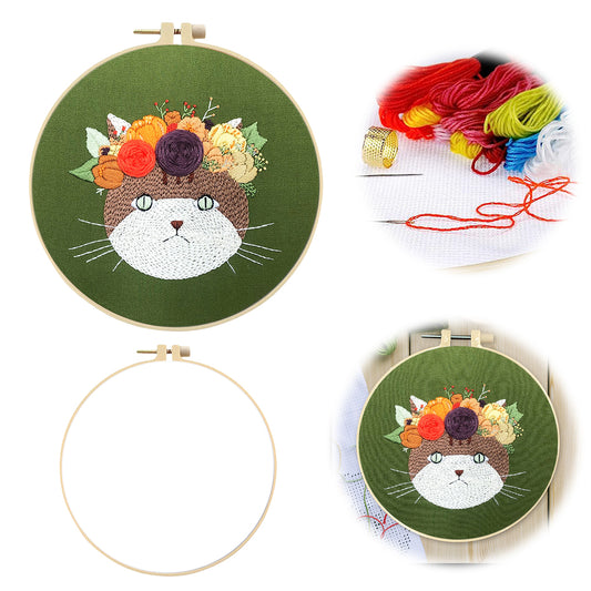 Moonlit Cat - DIY Embroidery Cross Stitch Kit with Pattern Cotton Threads Needles Hoop 30x30CM/11.81x11.81in