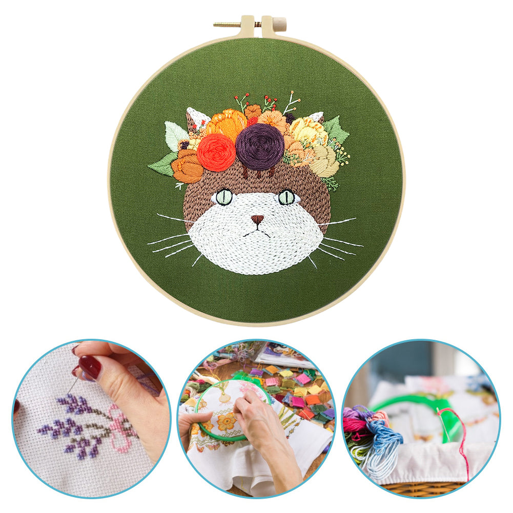 Moonlit Cat - DIY Embroidery Cross Stitch Kit with Pattern Cotton Threads Needles Hoop 30x30CM/11.81x11.81in