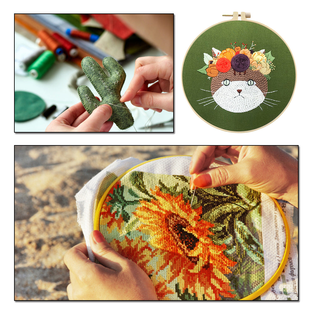 Moonlit Cat - DIY Embroidery Cross Stitch Kit with Pattern Cotton Threads Needles Hoop 30x30CM/11.81x11.81in