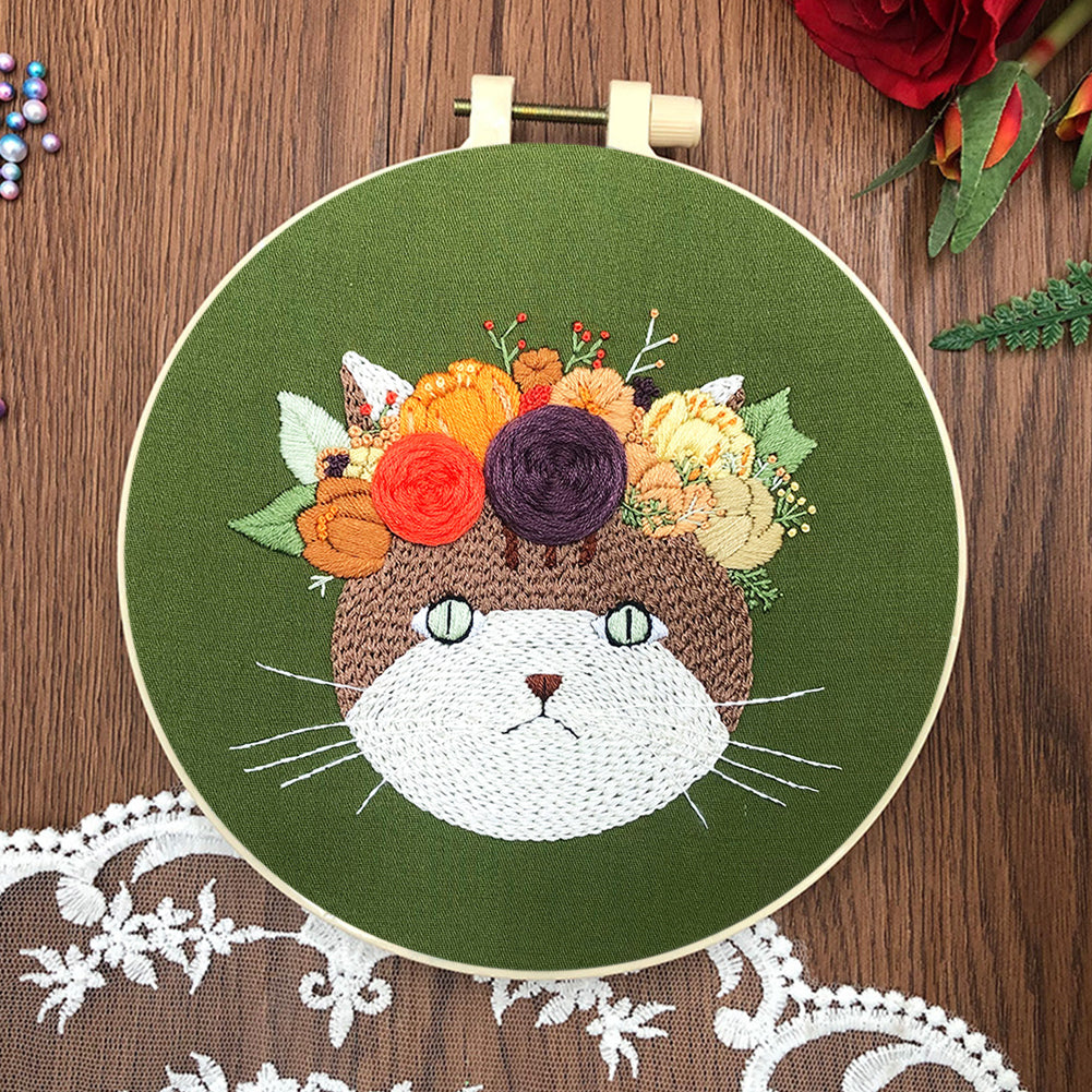 Moonlit Cat - DIY Embroidery Cross Stitch Kit with Pattern Cotton Threads Needles Hoop 30x30CM/11.81x11.81in