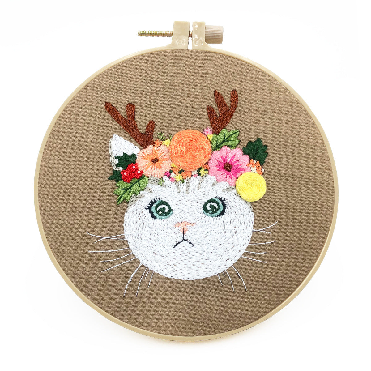 Cat With Antlers - DIY Embroidery Cross Stitch Kit with Pattern Cotton Threads Needles Hoop 30x30CM/11.81x11.81in