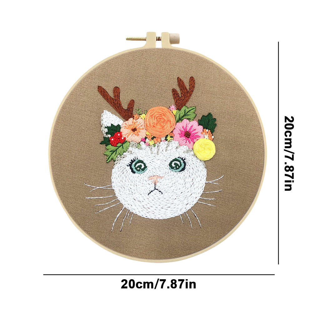Cat With Antlers - DIY Embroidery Cross Stitch Kit with Pattern Cotton Threads Needles Hoop 30x30CM/11.81x11.81in