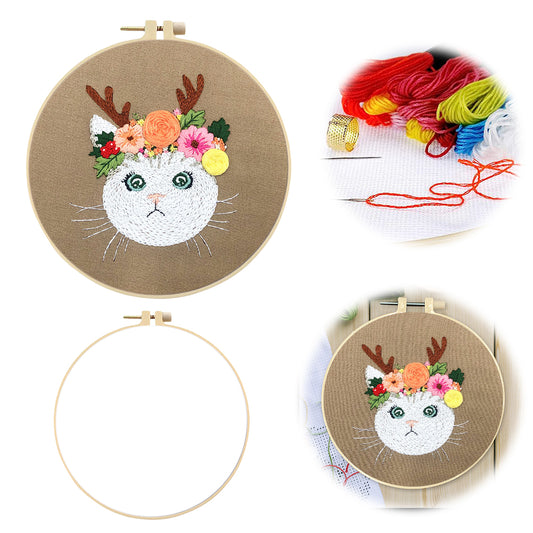 Cat With Antlers - DIY Embroidery Cross Stitch Kit with Pattern Cotton Threads Needles Hoop 30x30CM/11.81x11.81in
