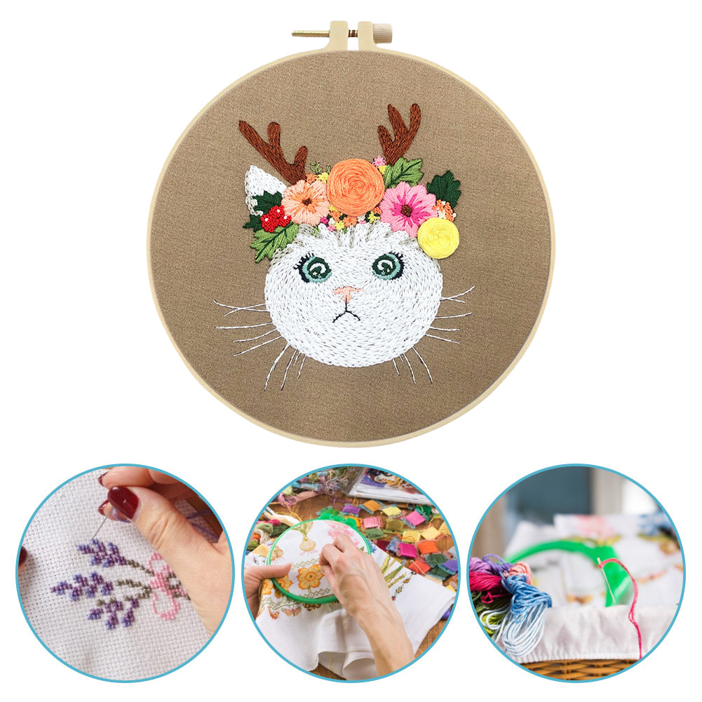 Cat With Antlers - DIY Embroidery Cross Stitch Kit with Pattern Cotton Threads Needles Hoop 30x30CM/11.81x11.81in