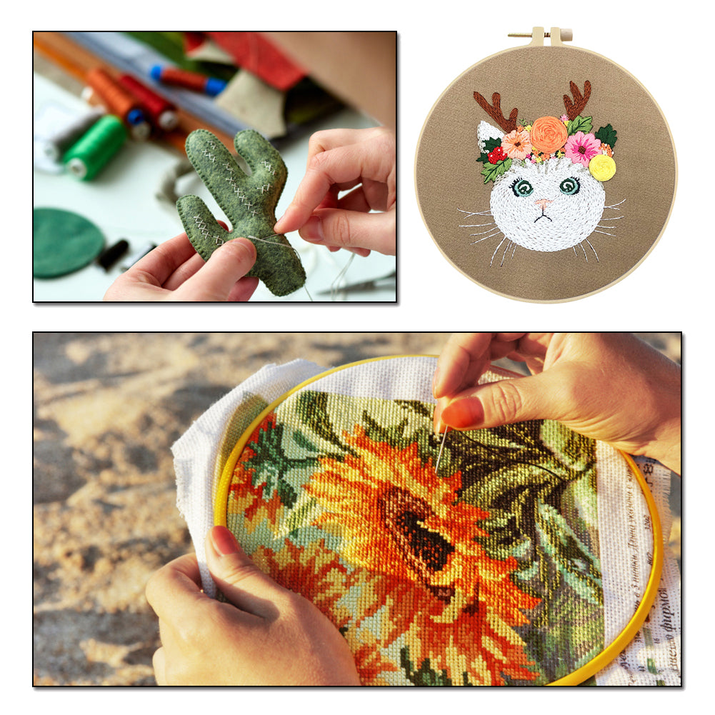 Cat With Antlers - DIY Embroidery Cross Stitch Kit with Pattern Cotton Threads Needles Hoop 30x30CM/11.81x11.81in