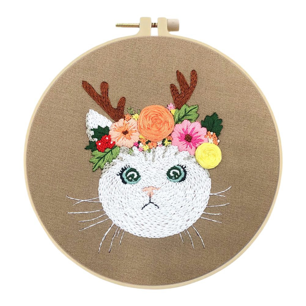 Cat With Antlers - DIY Embroidery Cross Stitch Kit with Pattern Cotton Threads Needles Hoop 30x30CM/11.81x11.81in