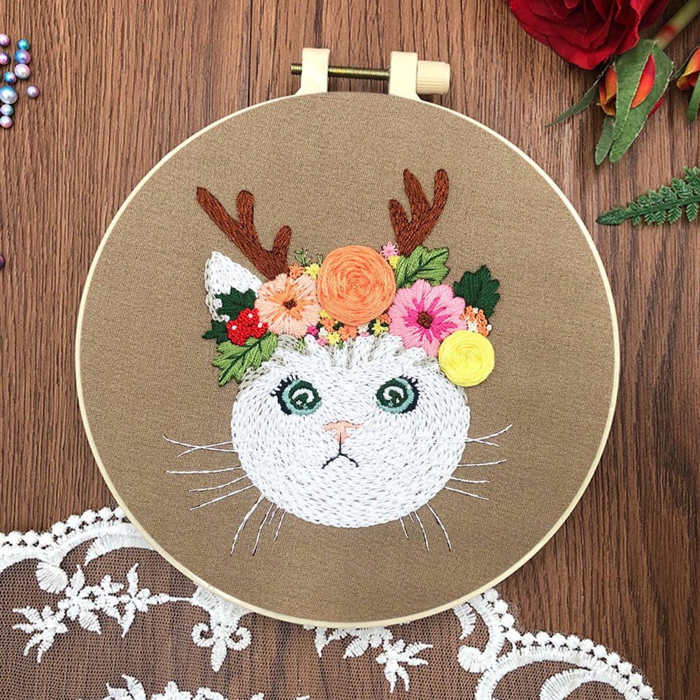 Cat With Antlers - DIY Embroidery Cross Stitch Kit with Pattern Cotton Threads Needles Hoop 30x30CM/11.81x11.81in