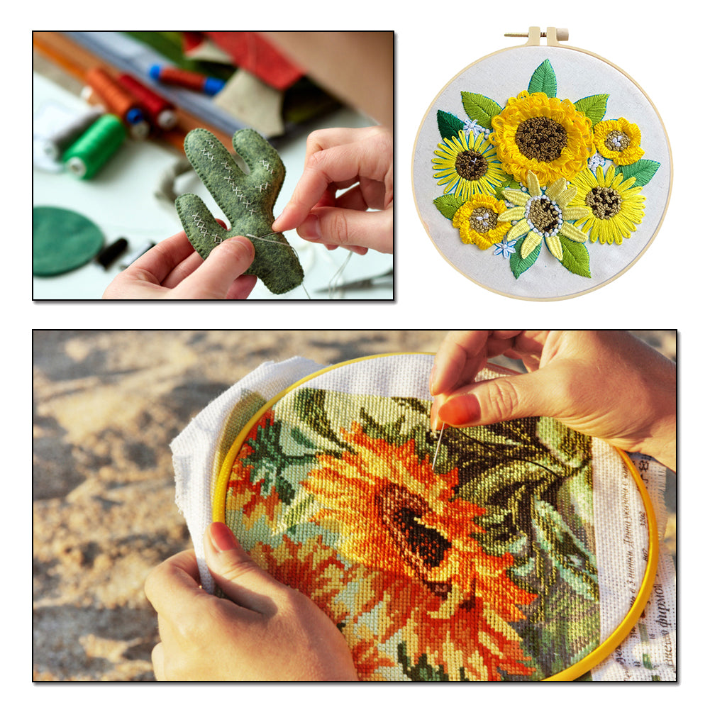 Gorgeous Sunflower - DIY Embroidery Cross Stitch Kit with Pattern Cotton Threads Needles Hoop 30x30CM/11.81x11.81in