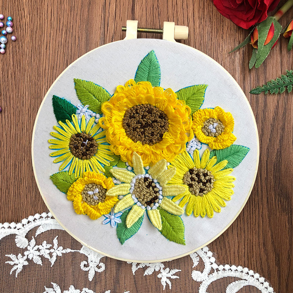 Gorgeous Sunflower - DIY Embroidery Cross Stitch Kit with Pattern Cotton Threads Needles Hoop 30x30CM/11.81x11.81in