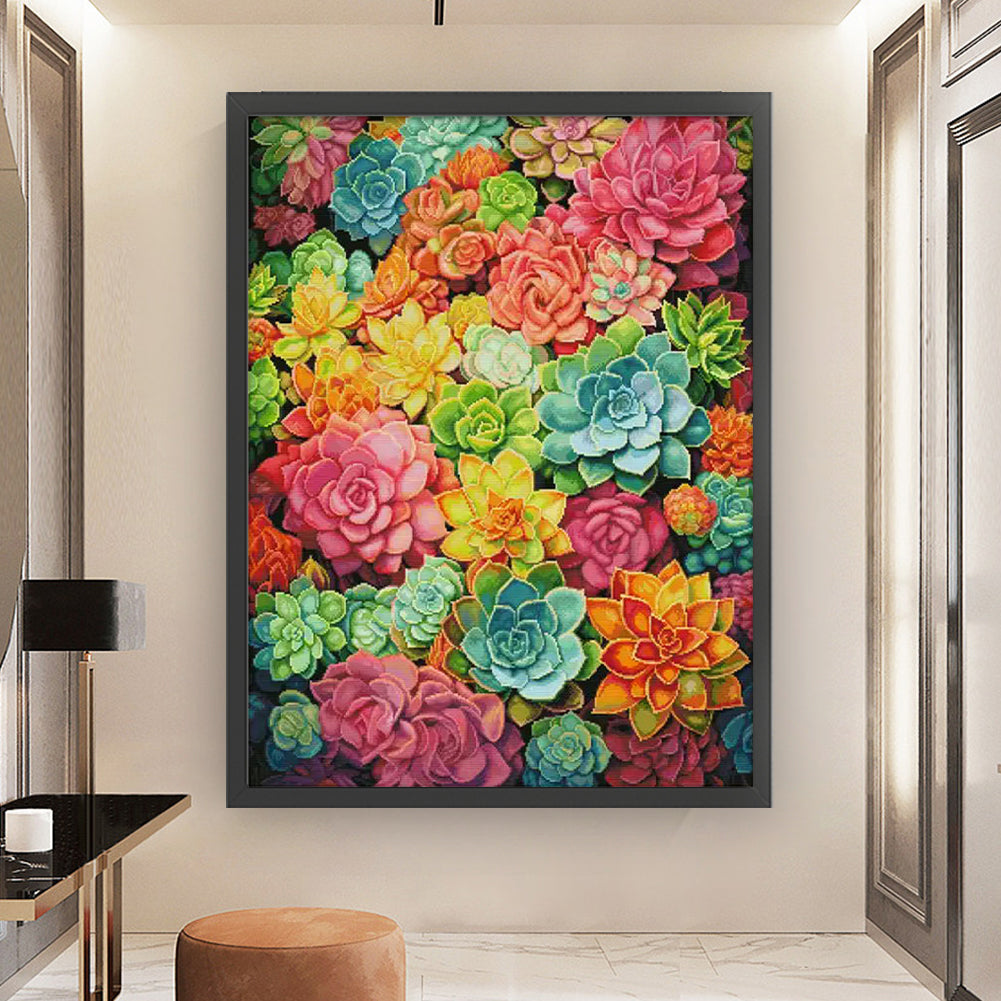 Colorful Succulents - Full 14CT Stamped Cross Stitch 60x75CM - Spring Egyptian Cotton