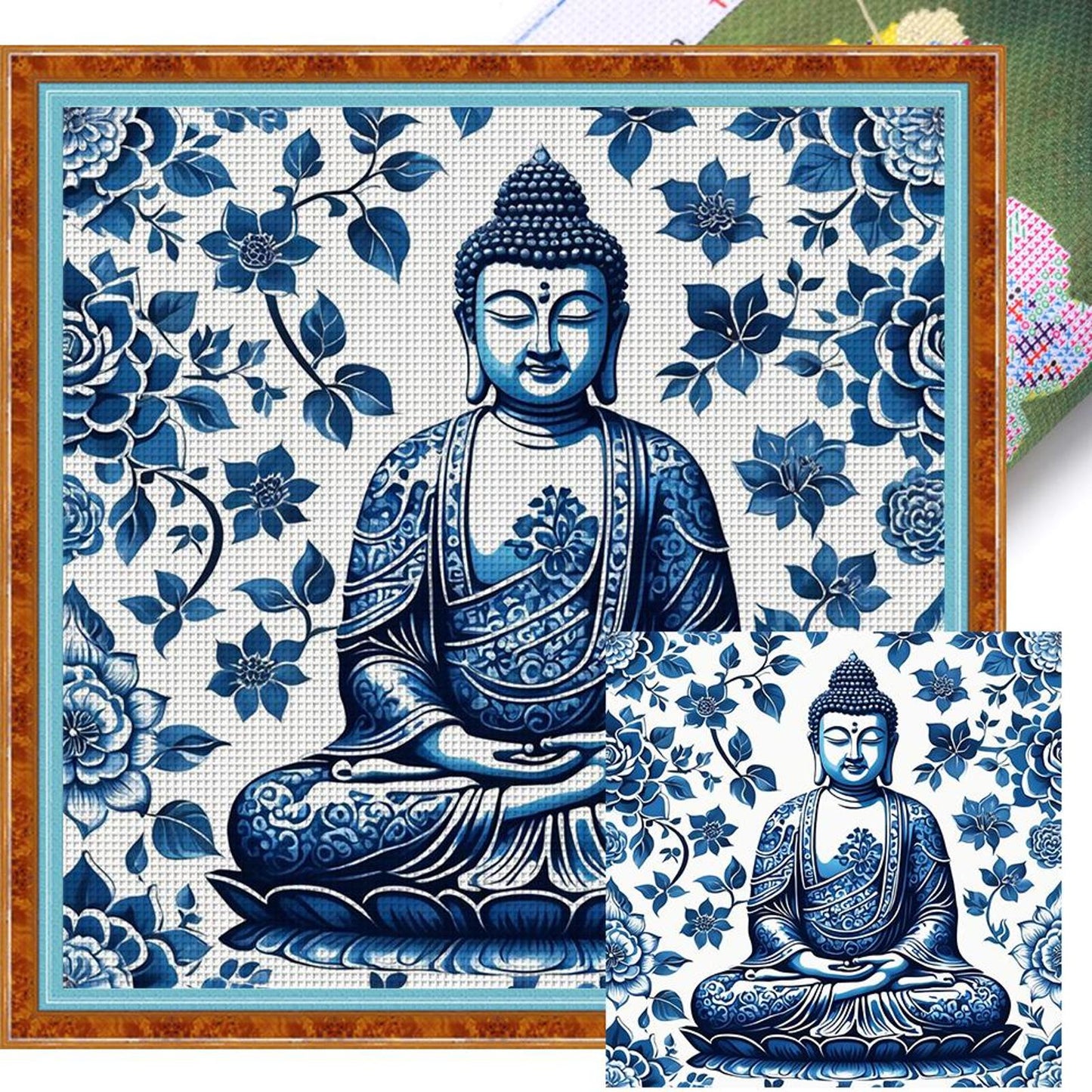 Blue And White Porcelain - Buddha Statue - Full 14CT Stamped Cross Stitch 40x40CM - Huacan