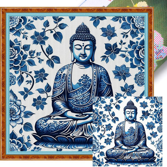 Blue And White Porcelain - Buddha Statue - Full 14CT Stamped Cross Stitch 40x40CM - Huacan