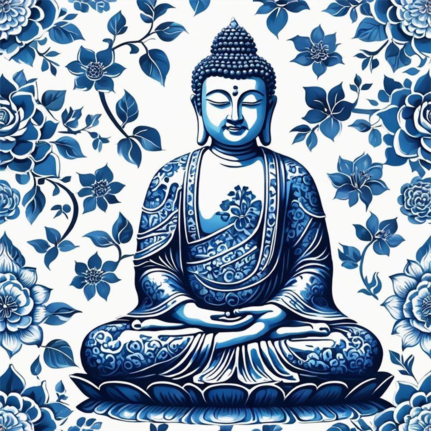 Blue And White Porcelain - Buddha Statue - Full 14CT Stamped Cross Stitch 40x40CM - Huacan