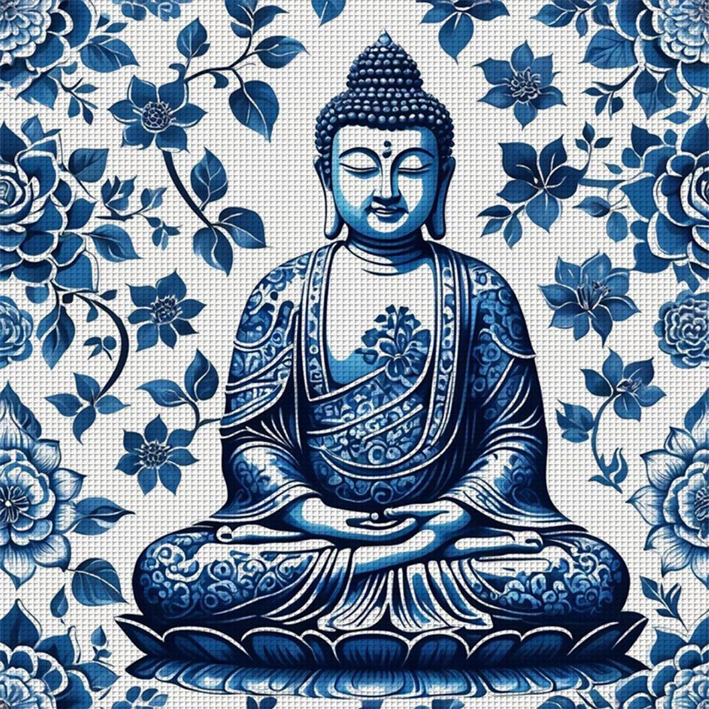 Blue And White Porcelain - Buddha Statue - Full 14CT Stamped Cross Stitch 40x40CM - Huacan