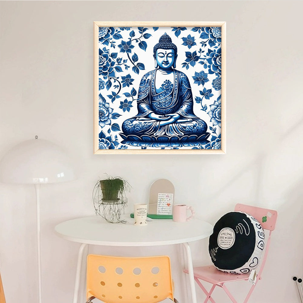 Blue And White Porcelain - Buddha Statue - Full 14CT Stamped Cross Stitch 40x40CM - Huacan